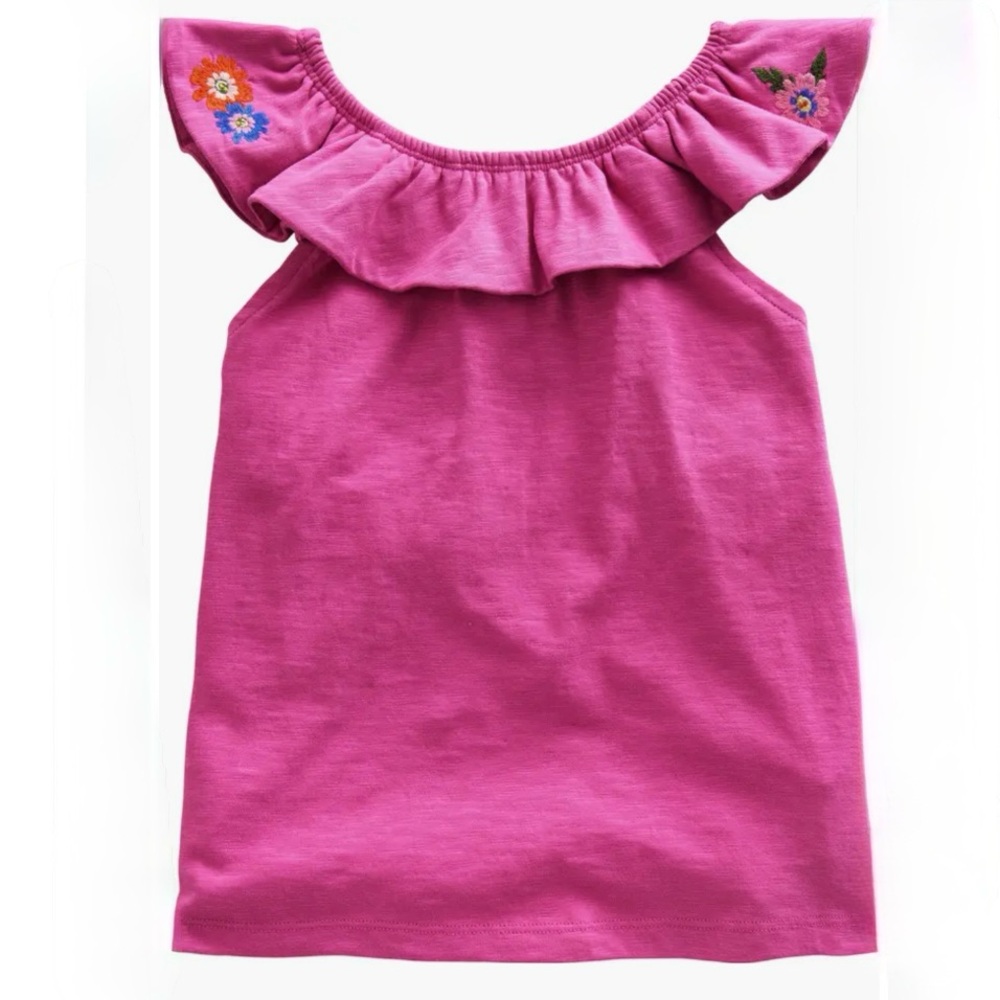 Mini Boden Pink Embroidered Ruffle Shoulder Cotton Tank, Size 5-6y - Picture 9 of 12